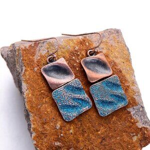 Antique Copper Verdigris Patina Geometric Hammered Squares Dangle Earrings